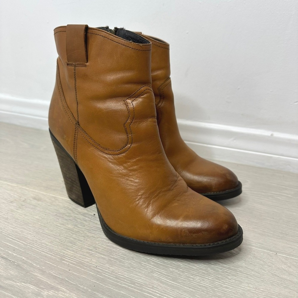 Musse & Cloud Josie Ankle Boots Womens 10 Brown Leather Western Block Heel Zip